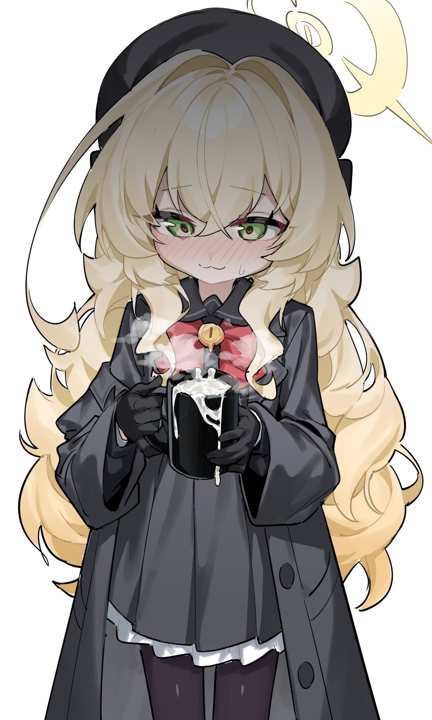 1girl :3 absurdres beret black_coat black_dress black_gloves black_hat black_pantyhose black_serafuku blonde_hair blue_archive blush bow closed_mouth coat cowboy_shot cum cum_in_container cum_in_cup cumdrip cup dress fluffy_hair gloves gokkun green_eyes halo hat highres holding holding_cup honi_(honi1010) long_hair long_sleeves looking_at_viewer mug nose_blush open_clothes open_coat pantyhose professor_niyaniya_(blue_archive) red_bow school_uniform serafuku side_ahoge simple_background smile solo standing steam very_long_hair white_background yellow_halo