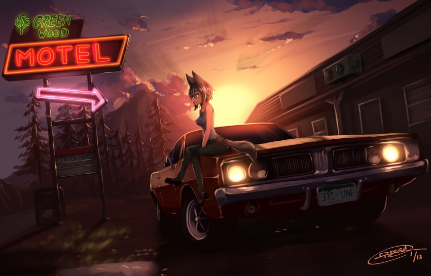 1girl animal_ears bad_id bad_pixiv_id black_hair car dodge_(company) dodge_charger dodge_charger_(2nd_generation) dreadtie female_focus fox_ears fox_tail highres motor_vehicle original short_hair sitting sitting_on_object solo sunset tail vehicle_focus