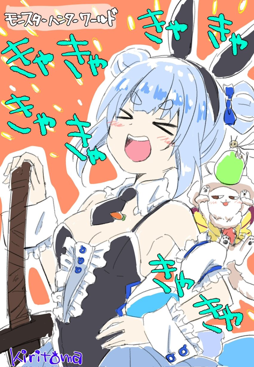 &gt;_&lt; 1girl :d black_leotard black_necktie blue_hair breasts center_frills cleavage closed_eyes commentary_request detached_sleeves double_bun facing_viewer frills hair_bun hand_on_hilt hand_on_own_hip hand_up highres hololive kiritoma leotard medium_breasts necktie open_mouth orange_background outline puffy_short_sleeves puffy_sleeves short_eyebrows short_necktie short_sleeves signature smile sword thick_eyebrows translation_request usada_pekora usada_pekora_(furi_furi_bunny_dress) virtual_youtuber weapon white_outline white_sleeves wrist_cuffs xd