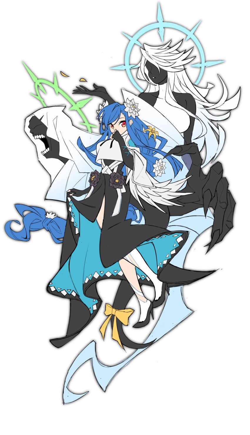 1girl absurdres angel_wings asymmetrical_legwear bare_shoulders black_dress black_flower black_footwear black_gloves blue_hair braid braided_ponytail breasts crop_top curtsey dizzy_(guilty_gear) dress elbow_gloves fingerless_gloves fingernails flower front_slit full_body gloves guilty_gear guilty_gear_strive hair_flower hair_ornament halo high_heels highres large_breasts long_hair low-braided_long_hair low-tied_long_hair mature_female medium_breasts necro_(guilty_gear) open_mouth queen_dizzy red_eyes ribbon sharp_fingernails simple_background solo spiked_halo swept_bangs tail tail_ornament tail_ribbon thighs tlotro undine_(guilty_gear) very_long_hair white_background white_flower wings yellow_flower yellow_ribbon