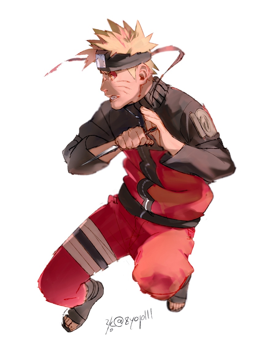 1boy blonde_hair forehead_protector full_body highres holding holding_kunai holding_weapon jacket kunai long_sleeves male_focus naruto_(series) naruto_shippuuden ninja orange_jacket orange_pants pants reverse_grip sandals short_hair simple_background solo spiked_hair uzumaki_naruto weapon white_background yellow_eyes zifletts