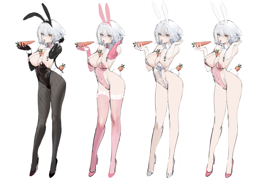 1girl :o absurdres animal_ears azur_lane between_breasts black_footwear black_gloves black_hairband black_leotard black_pantyhose bow breasts carrot concept_art covered_navel elbow_gloves fake_animal_ears fake_tail fishnet_pantyhose fishnets full_body gloves grey_footwear grey_hair grey_leotard hairband high_heels highres holding holding_carrot kincora leotard looking_at_viewer official_alternate_costume open_mouth pantyhose pink_bow pink_eyes pink_gloves pink_hairband pink_leotard pink_shoes pink_thighhighs rabbit_ears rabbit_tail saliva saliva_trail sexually_suggestive shoes simple_background sirius_(azur_lane) sirius_(rabbit_of_paradise)_(azur_lane) standing tail thighhighs tongue tongue_out variations white_background white_hairband