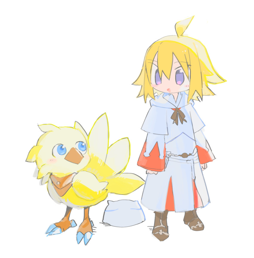 1girl ahoge arms_at_sides blonde_hair blue_eyes blush boots brown_boots chocobo cosplay creature crossover final_fantasy full_body highres hood hood_down hooded_robe kokaki_mumose long_sleeves looking_at_animal moneko_(kokaki_mumose) null-meta open_mouth purple_eyes robe short_hair side-by-side simple_background smile solo standing uozumi_kurumi white_background white_mage_(final_fantasy) white_mage_(final_fantasy)_(cosplay) white_robe