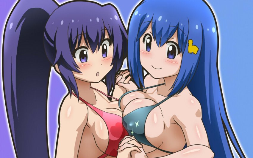 2girls awa breasts cleavage closed_mouth large_breasts long_hair looking_at_viewer multiple_girls ponytail simple_background smile swimsuit teekyuu