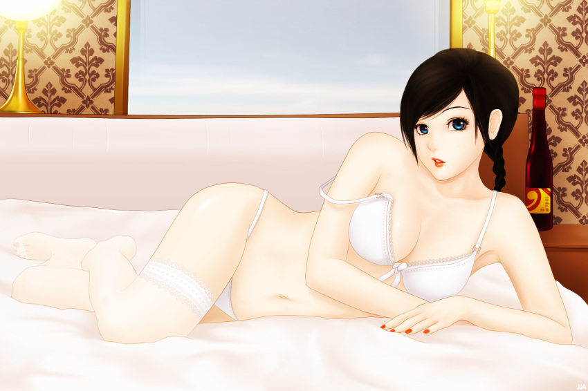 1girl black_hair blue_eyes bra braid braided_ponytail breasts cleavage female_focus khalitzburg_(user_2274420) kneehighs lamp legs_folded lipstick long_hair looking_at_viewer lying makeup nail_polish on_bed on_side original panties red_lips red_nails see-through_clothes socks solo strap_slip thighhighs toes underwear underwear_only white_bra white_panties white_thighhighs window
