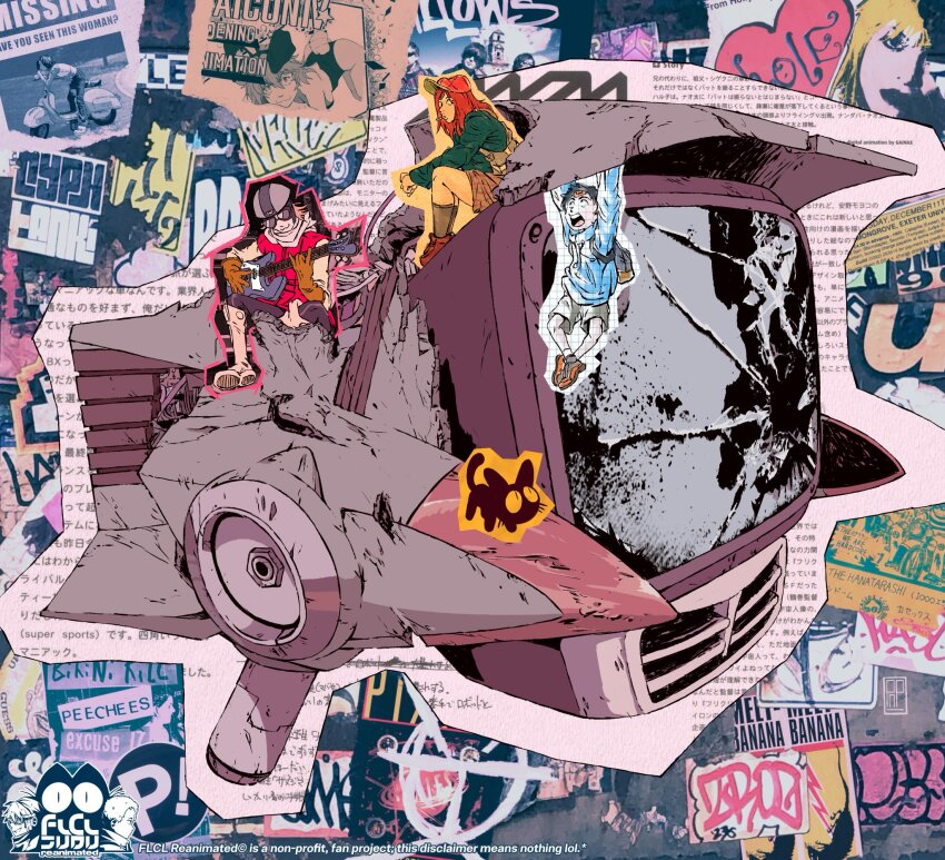 ass baseball_cap blue_hoodie boots cat cigarette flcl goggles haruhara_haruko hat highres hood hoodie motor_vehicle nandaba_naota pink_hair pontoffelnp robot samejima_mamimi scooter short_hair skirt sticker takkun_(flcl) the_pillows vespa white_footwear