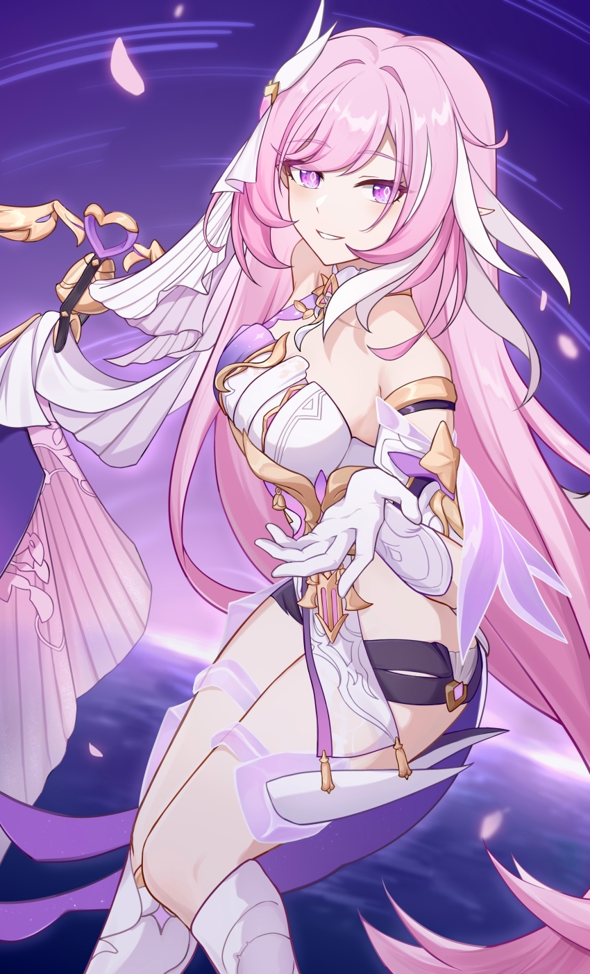 1girl absurdres bare_shoulders bell black_shorts chinese_commentary chuideng clothing_cutout commentary_request corset diamond-shaped_pupils diamond_(shape) elf elysia_(herrscher_of_human:_ego)_(honkai_impact) elysia_(honkai_impact) floating_drapes gloves highres honkai_(series) honkai_impact_3rd long_hair looking_at_viewer micro_shorts ocean pink_hair pointy_ears purple_eyes purple_sky reaching reaching_towards_viewer shorts side_cutout sky solo symbol-shaped_pupils thigh_strap thighs veil very_long_hair white_corset white_gloves white_veil