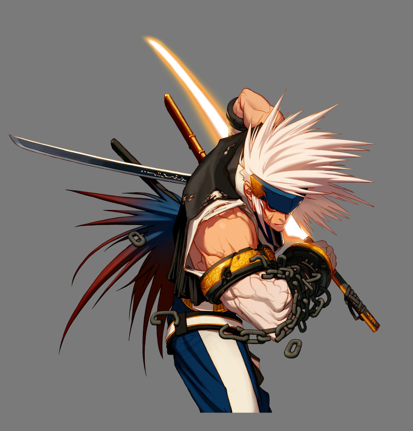 00s absurdres blademaster chain cuffs dungeon_and_fighter energy_sword grand_master_(dungeon_and_fighter) headband highres katana male_slayer_(dungeon_and_fighter) muscular scar shackles slayer_(dungeon_and_fighter) sword torn_clothes vest weapon weapon_master_(dungeon_and_fighter) white_arm white_hair wild_hair
