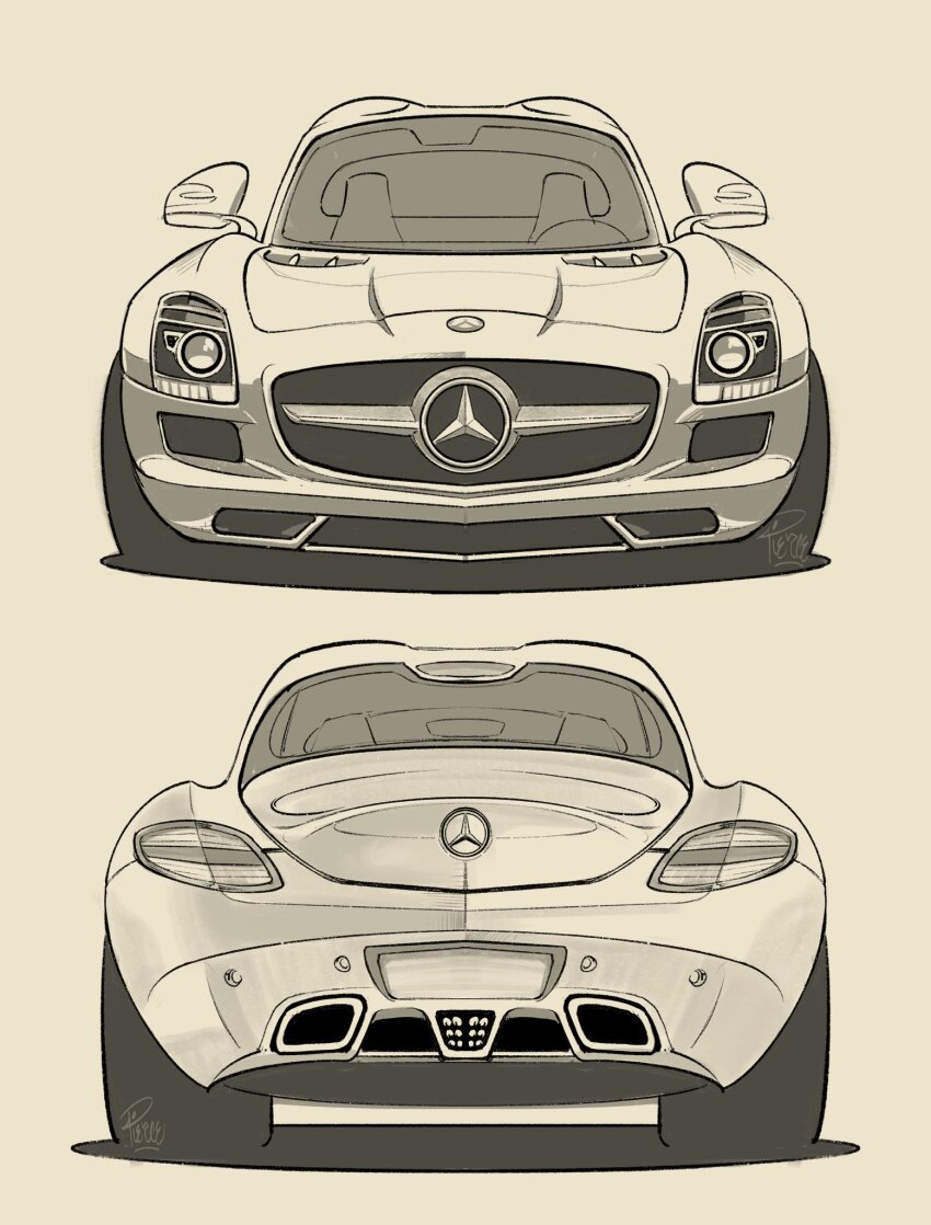 brown_background car commentary english_commentary greyscale highres mercedes-benz mercedes-benz_sls_amg monochrome motor_vehicle multiple_views no_humans original sepia shadow simple_background sports_car straight-on vehicle_focus will_pierce