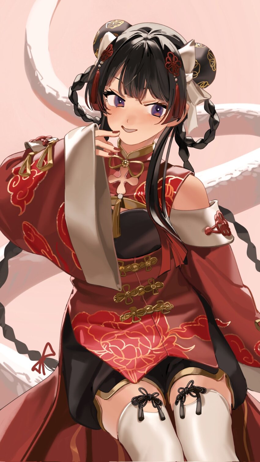 1girl black_hair braid bun_cover chinese_clothes commentary detached_sleeves double_bun hair_bun highres long_hair looking_at_viewer multicolored_hair nijisanji red_hair rippoutai_fuusen snake solo symbol-only_commentary thighhighs tsukino_mito tsukino_mito_(china_dress) twin_braids virtual_youtuber white_thighhighs wide_sleeves