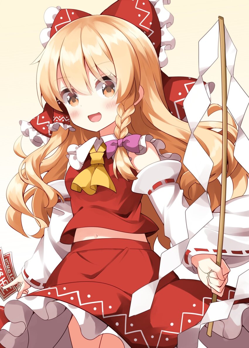 1girl :d ascot bare_shoulders blonde_hair blush bow braid collared_shirt commentary_request contrast_collar cosplay cowboy_shot detached_sleeves frilled_bow frilled_shirt_collar frilled_skirt frills gohei hair_bow hakurei_reimu hakurei_reimu_(cosplay) highres holding holding_gohei kirisame_marisa long_hair looking_at_viewer multiple_hair_bows navel open_mouth pink_bow red_bow red_shirt red_skirt ribbon-trimmed_sleeves ribbon_trim ruu_(tksymkw) shirt simple_background single_braid skirt skirt_set sleeveless sleeveless_shirt smile solo touhou white_sleeves wide_sleeves yellow_ascot yellow_background yellow_eyes