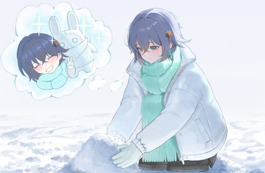 1girl 4meart0112 absurdres bangboo_(zenless_zone_zero) belle_(zenless_zone_zero) black_footwear black_skirt blue_hair blush character_snowman coat earrings eous_(zenless_zone_zero) gloves green_eyes hair_ornament highres imagining jacket jewelry light_blush scarf short_hair single_earring skirt smile snow solo sparkle squatting v white_gloves white_jacket winter_clothes winter_coat zenless_zone_zero