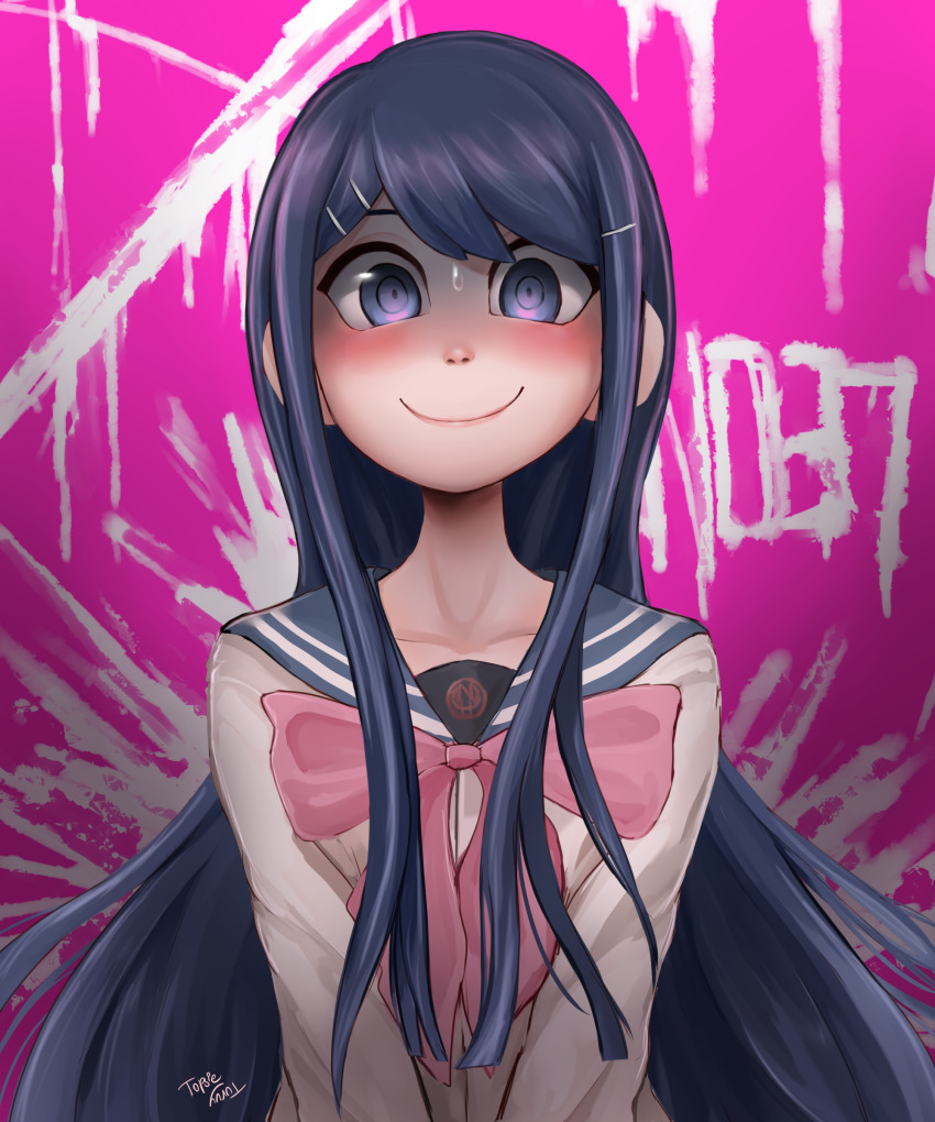 1girl absurdres artist_name blood blood_on_wall blood_writing blue_sailor_collar blush bow bowtie danganronpa:_trigger_happy_havoc danganronpa_(series) grey_shirt hair_ornament hairclip highres long_hair looking_at_viewer maizono_sayaka pink_background pink_bow pink_bowtie purple_eyes sailor_collar shaded_face shirt smile solo spoilers sweatdrop topsieturvy upper_body