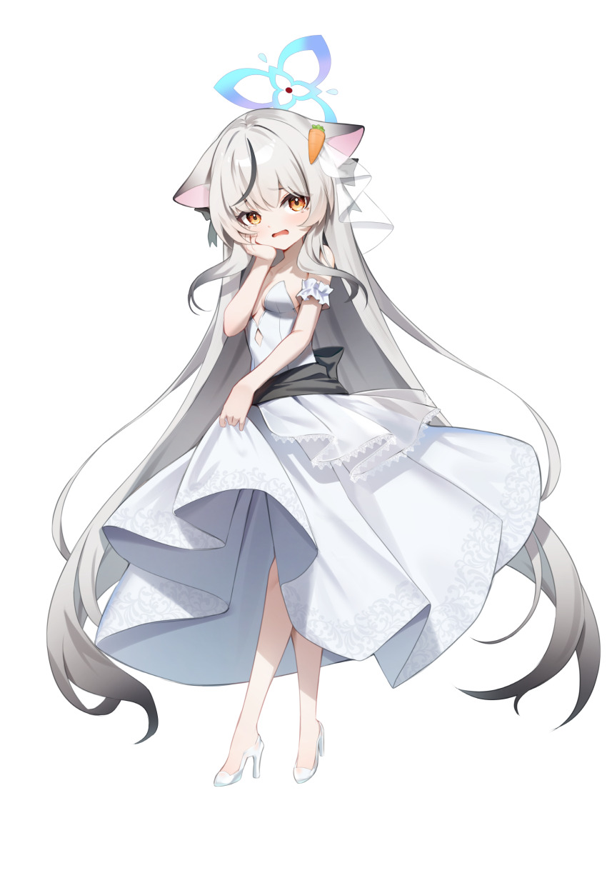 1girl absurdres animal bare_shoulders black_sash blue_archive blush breasts bridal_veil cleavage_cutout clothing_cutout colored_inner_hair dress gradient_hair grey_hair hand_on_own_face high_heels highres kokona_(blue_archive) looking_at_viewer multicolored_hair sash shoes shuvi_(shuvi1125) skirt_hold small_breasts solo strapless strapless_dress veil wedding_dress white_dress white_shoes