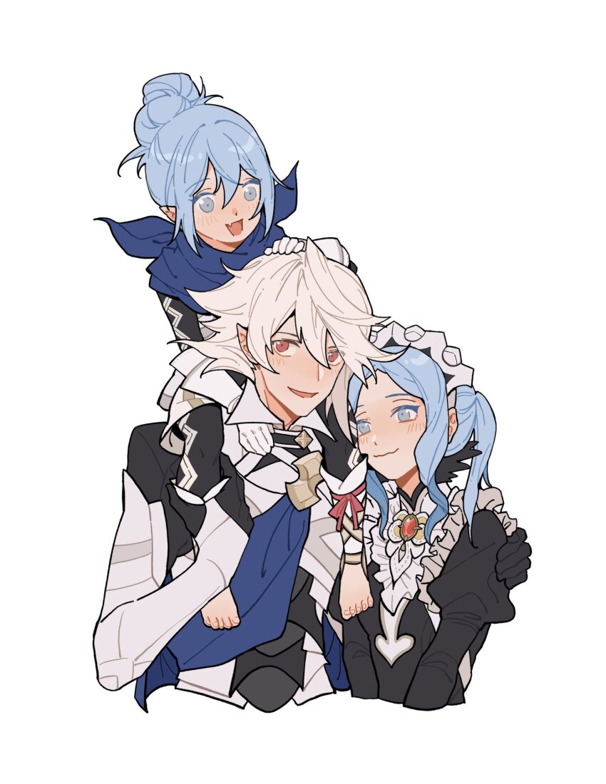 1boy 2girls armor black_dress blue_eyes blue_hair blue_scarf brooch carrying carrying_person child commentary commission dress english_commentary fang father_and_daughter female_kana_(fire_emblem) fire_emblem fire_emblem_fates flora_(fire_emblem) grey_hair hair_between_eyes hair_bun hand_on_another&#039;s_shoulder highres husband_and_wife jewelry julianlynnnn juliet_sleeves long_sleeves looking_at_another maid maid_headdress male_corrin_(fire_emblem) mother_and_daughter multiple_girls nintendo open_mouth pointy_ears puffy_sleeves red_eyes revision scarf shoulder_carry simple_background single_hair_bun skin_fang smile toes twintails white_background