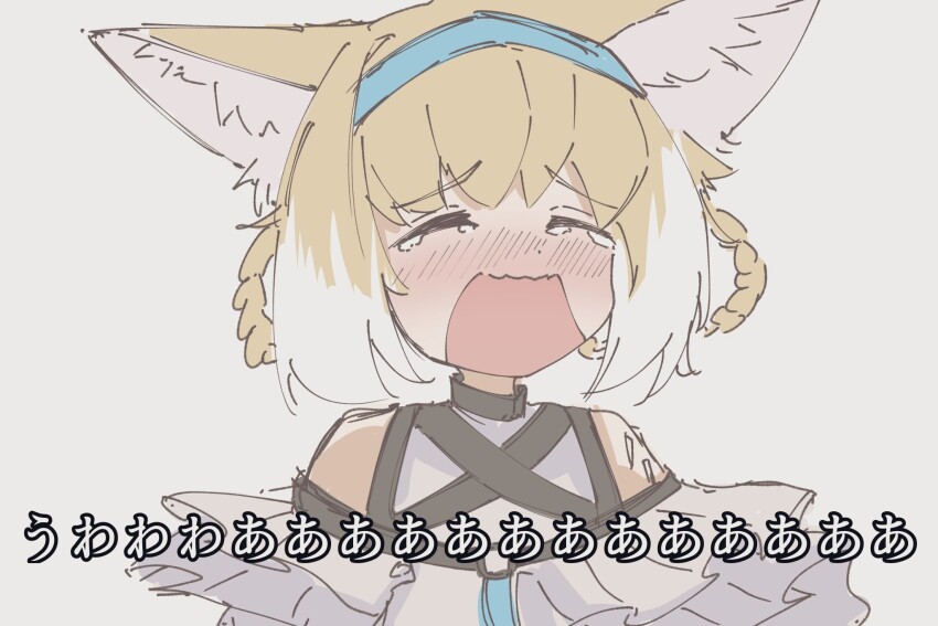 1girl animal_ears arknights bare_shoulders blonde_hair blue_hairband blush braid braided_hair_rings chest_belt closed_eyes commentary_request crying facing_viewer fox_ears fox_girl furrowed_brow hair_rings hairband highres nini_(ninirakugaki) nose_blush open_mouth shirt short_hair simple_background sleeveless sleeveless_shirt solo subtitled suzuran_(arknights) translated upper_body white_background white_shirt