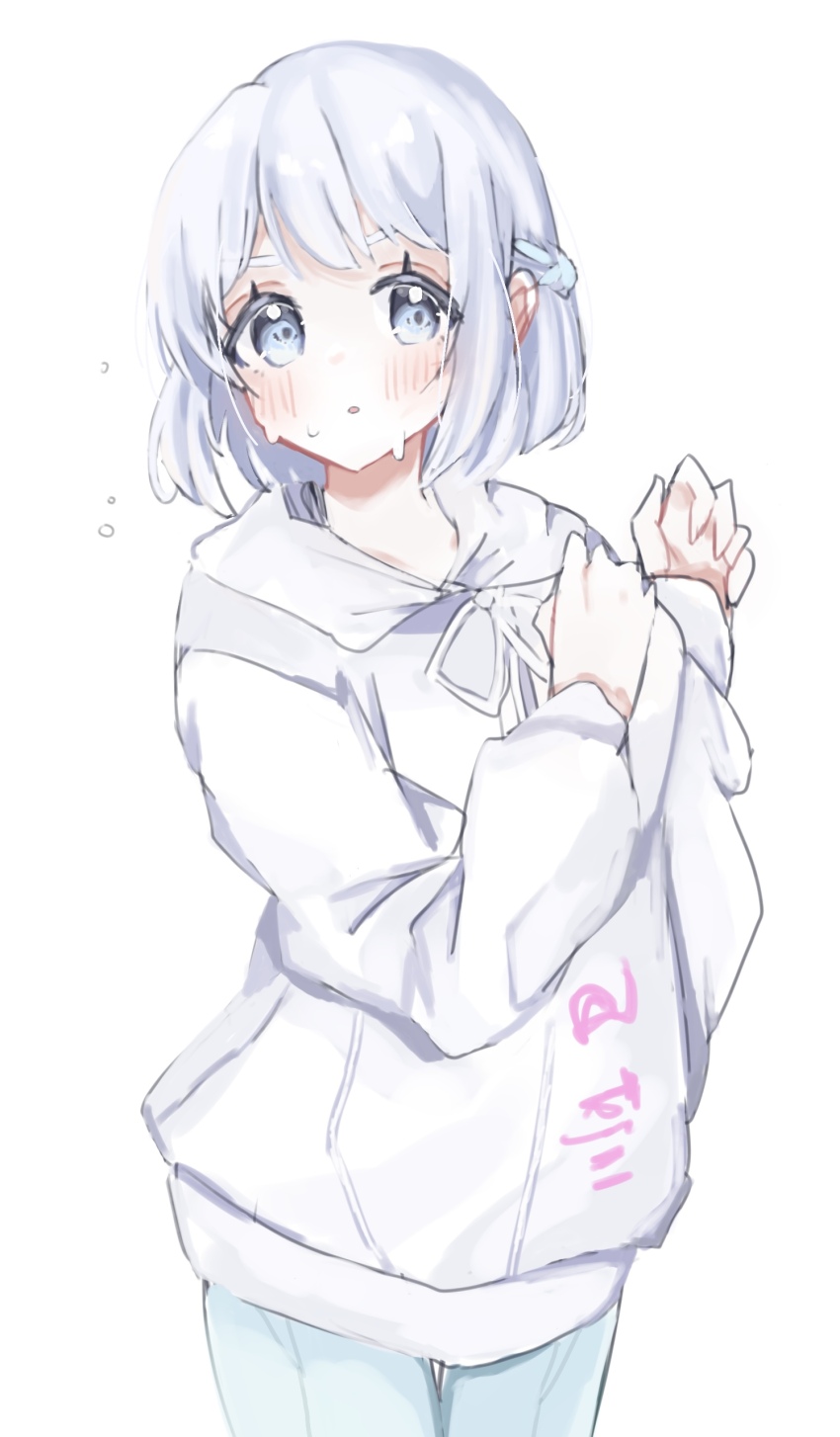 1girl absurdres aqua_pants blue_eyes blue_ribbon blush braid gakuen_idolmaster grey_hair hair_ribbon half_up_braid highres hood hoodie idolmaster katsuragi_lilja long_sleeves looking_at_viewer nemui_(xjqfw) pants ribbon ribbon_braid short_hair simple_background solo sweat white_background white_hoodie