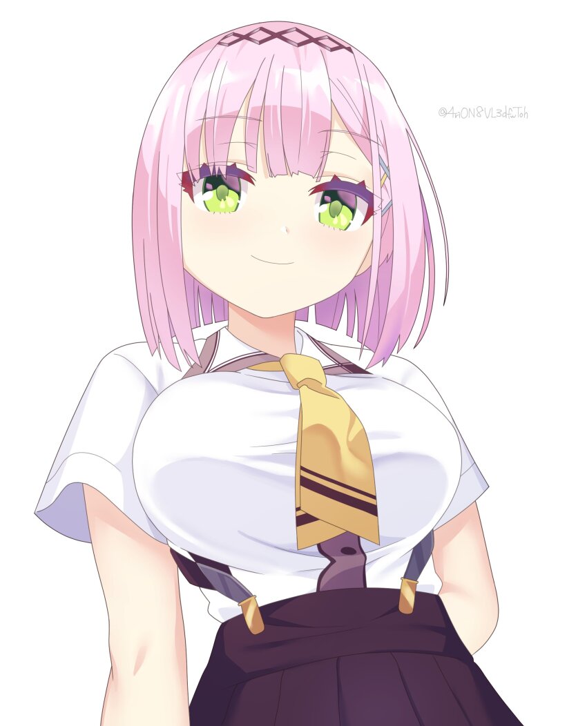 1girl 4rion absurdres blunt_bangs blunt_ends blush bob_cut breasts brown_skirt closed_mouth collared_shirt commentary cowboy_shot from_below green_eyes hair_ornament hairclip highres large_breasts medium_hair mizuka_academy_school_uniform necktie school_uniform shirt short_sleeves simple_background skirt smile solo suspender_skirt suspenders tanikaze_amane tenshi_souzou_re-boot! twitter_username white_background white_shirt yellow_necktie