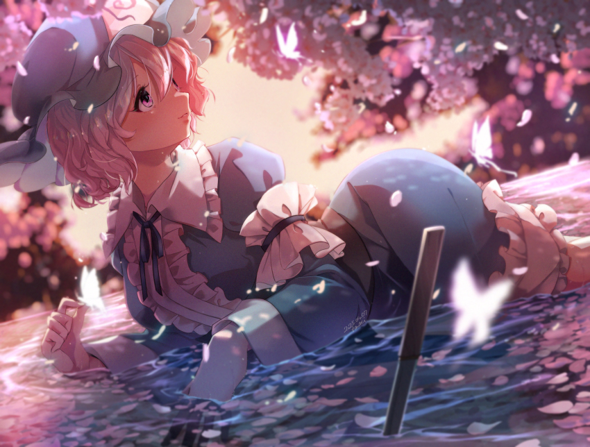 1girl blue_kimono bug butterfly cherry_blossoms glowing_butterfly highres insect japanese_clothes kimono partially_submerged pink_eyes pink_hair saigyouji_yuyuko shallow_water short_hair short_sword solo sword tami_(joemanyodw) tantou touhou water weapon