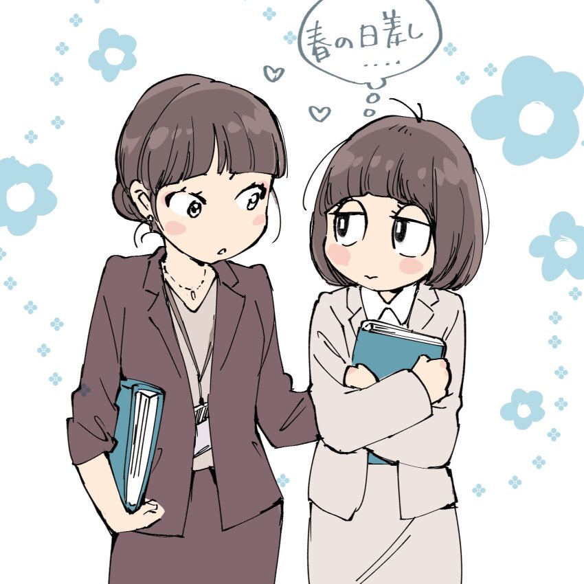 2girls black_eyes blazer blush book brown_hair brown_jacket brown_skirt copyright_request grey_jacket grey_skirt hand_on_another&#039;s_back heart highres holding holding_book jacket jewelry looking_at_another multiple_girls necklace office_lady pencil_skirt skirt speech_bubble takashima_hiromi thought_bubble translation_request white_background