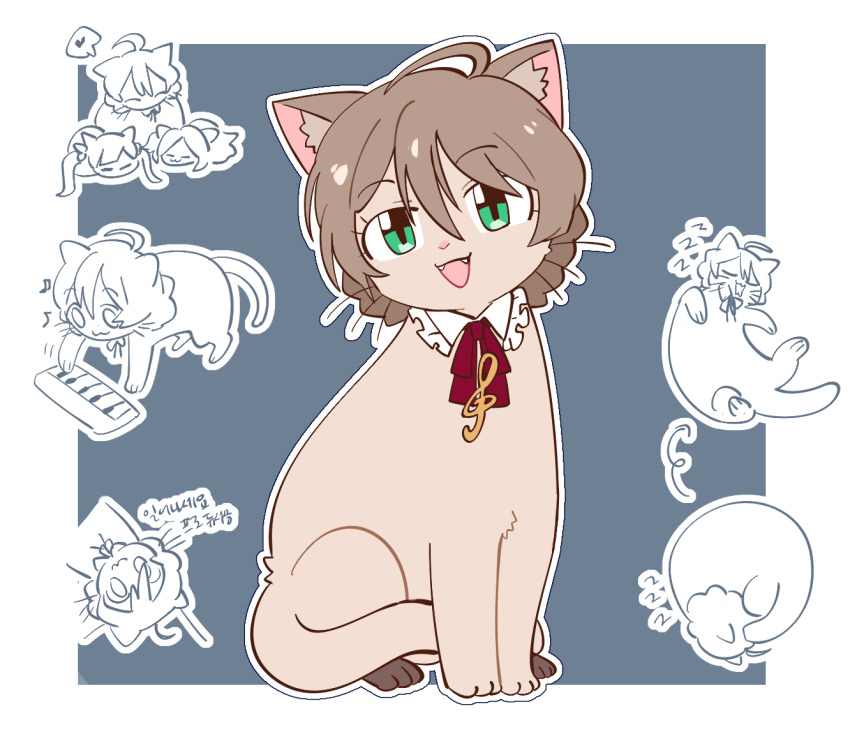 ahoge animal animal_ear_fluff animal_focus animalization blue_background border braid brown_cat brown_hair cat commentary_request emily_stewart fangs full_body green_eyes hakozaki_serika heart idolmaster idolmaster_million_live! instrument keyboard_(instrument) korean_commentary korean_text looking_at_viewer millcookie_pro multiple_girls multiple_views music musical_note neck_ribbon no_humans open_mouth playing_instrument red_ribbon ribbon sakuramori_kaori short_hair simple_background sitting sleeping smile spoken_heart whiskers white_border zzz