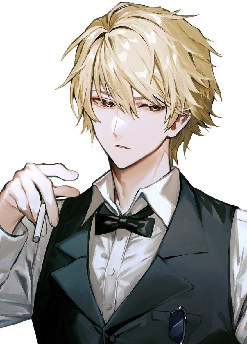 1boy albino_(a1b1n0623) black_bow black_bowtie black_vest blonde_hair bow bowtie cigarette collared_shirt commentary dress_shirt durarara!! hair_between_eyes hand_up heiwajima_shizuo highres holding holding_cigarette long_sleeves looking_to_the_side male_focus parted_lips shirt simple_background solo sunglasses unworn_eyewear upper_body vest white_background white_shirt yellow_eyes