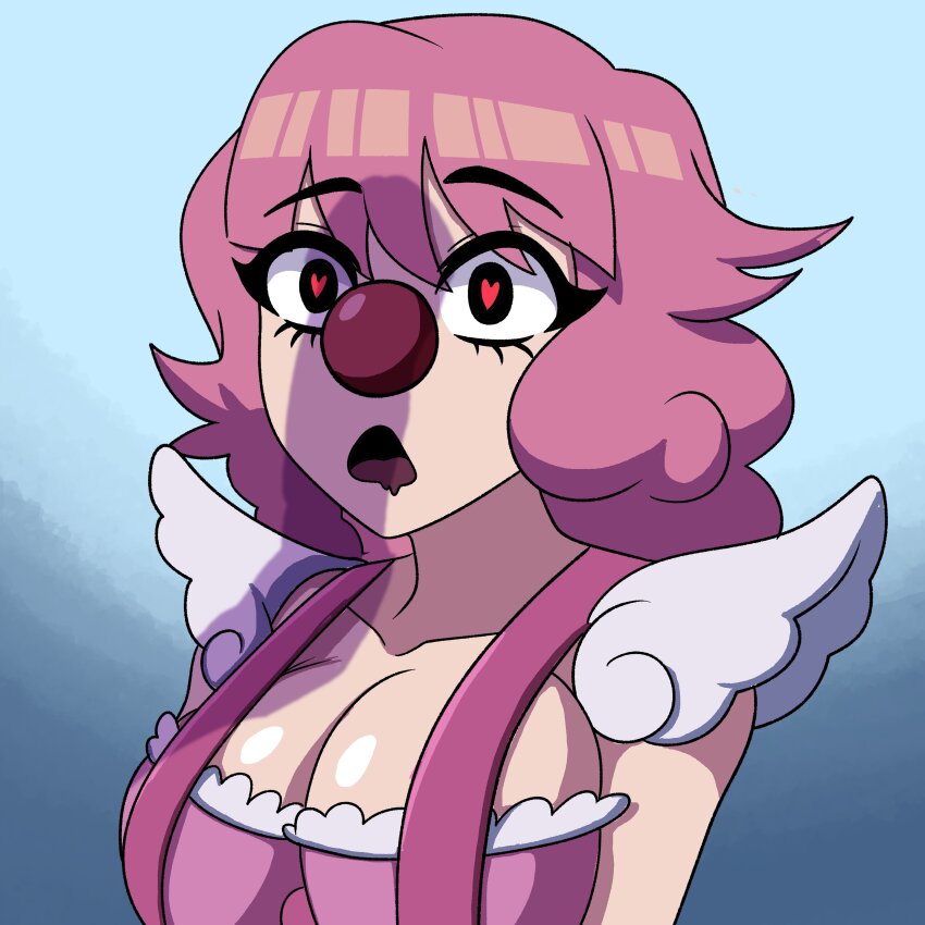 1girl absurdres ace_attorney alternate_breast_size black_eyes breasts cleavage clown clown_girl clown_nose commentary drooling english_commentary geiru_toneido heart heart-shaped_pupils highres large_breasts looking_at_penis ludinsketches open_mouth penis_awe penis_shadow phoenix_wright:_ace_attorney_-_spirit_of_justice pink_hair shadow shoulder_pads solo suspenders symbol-shaped_pupils upper_body