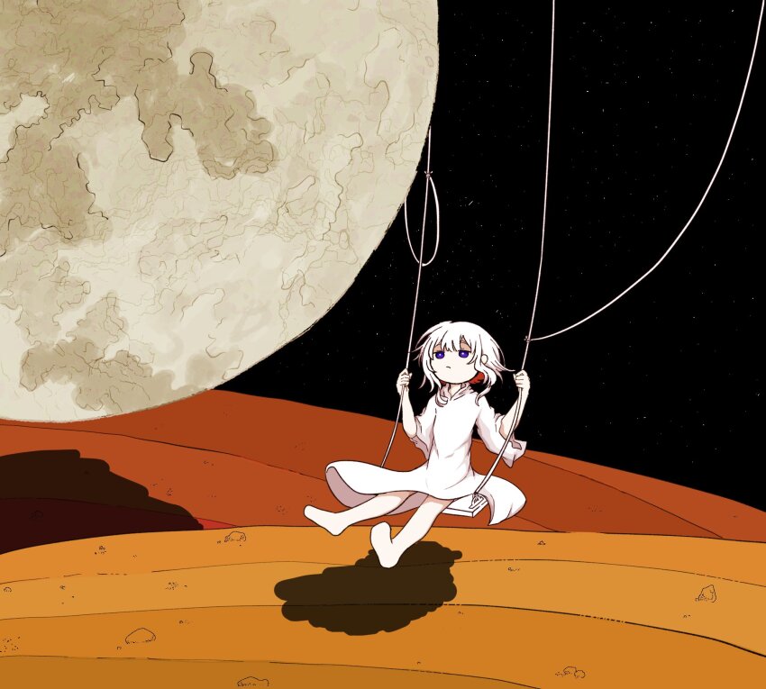 1girl ashi_izumo barefoot bright_pupils closed_mouth commentary dress expressionless full_moon hands_up highres moon night night_sky on_swing original outdoors purple_eyes shadow short_hair sitting sky solo swing swinging white_dress white_pupils wide_shot