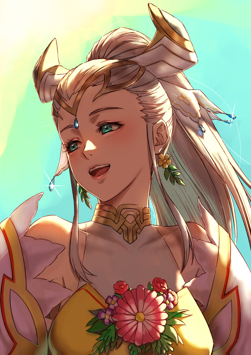 1girl absurdres aduti_momoyama aqua_eyes bare_shoulders breasts commentary_request detached_sleeves dress earrings eir_(fire_emblem) eir_(life_ascendant)_(fire_emblem) fire_emblem fire_emblem_heroes flower flower_earrings grey_hair hair_ornament highres jewelry lips long_hair looking_away medium_breasts nintendo official_alternate_costume open_mouth pink_lips ponytail smile solo straight_hair teeth tiara upper_body upper_teeth_only white_sleeves yellow_dress