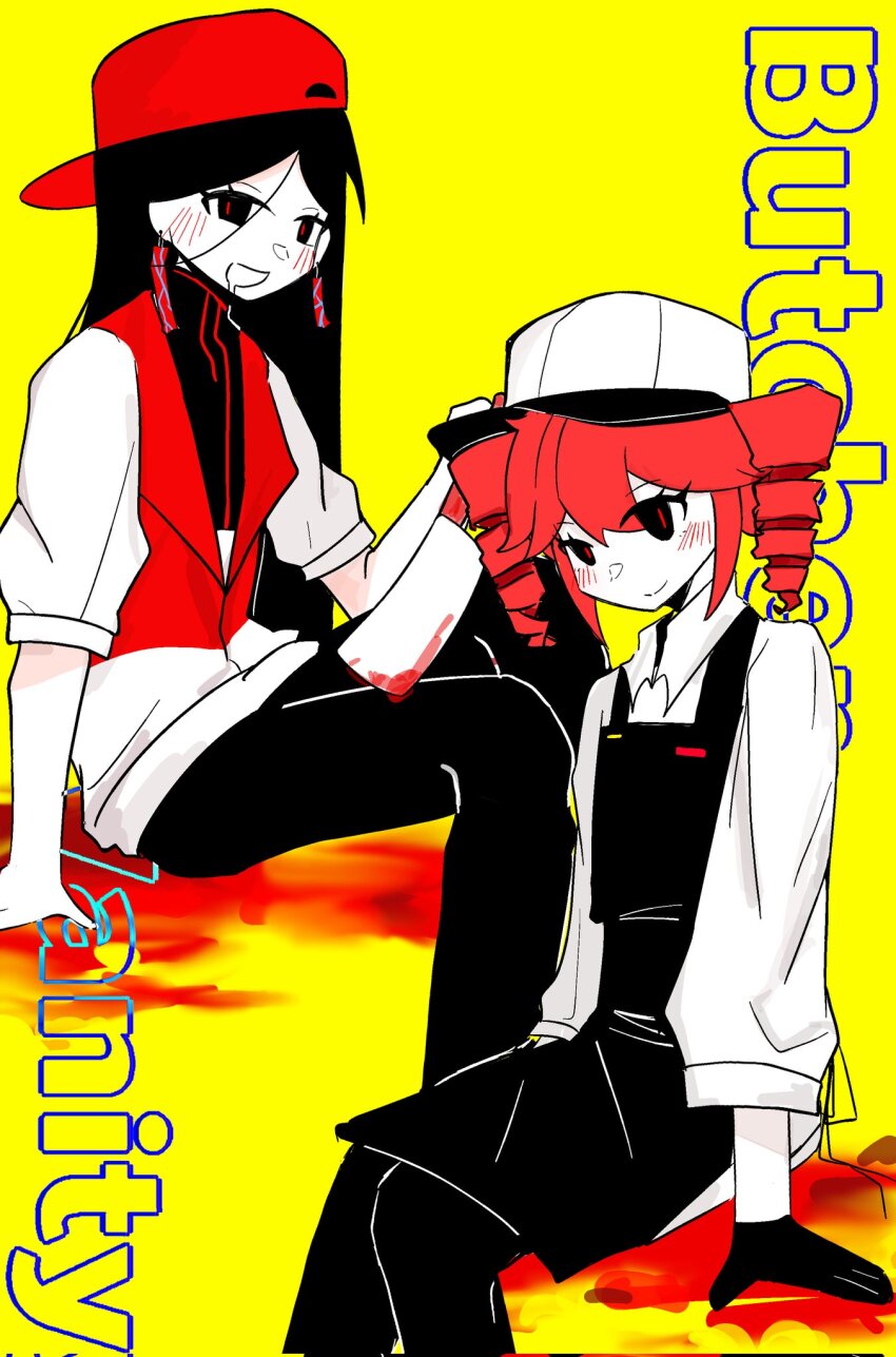 2girls apron backwards_hat baseball_cap black_apron black_gloves black_hair black_pants black_undershirt blood blood_on_ground bloody_knife blush cleaver closed_mouth drill_hair drooling earrings gloves hair_between_eyes hat highres holding holding_cleaver jacket jewelry kasane_teto knife long_hair long_sleeves looking_at_viewer multiple_girls open_mouth pants red_hair red_hat red_jacket shirt short_hair simple_background sitting smile song_name sutu1031 synthesizer_v twin_drills utau white_shirt yellow_background yi_xi_(synthesizer_v)