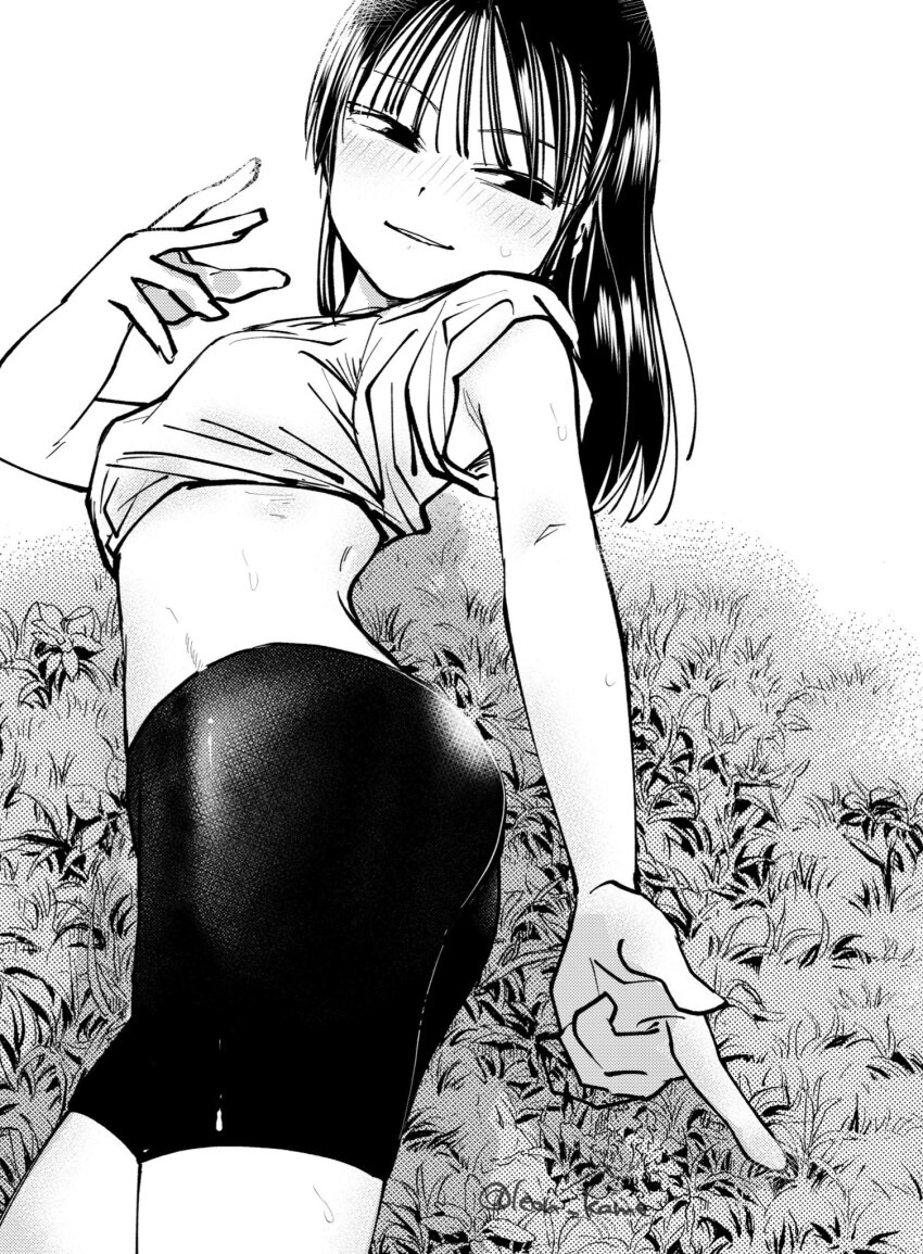 1girl ass bike_shorts black_hair black_shorts blush breasts empty_eyes highres leon_kame long_hair medium_breasts midriff mima_sachi monochrome on_grass shirt_rolled_up shorts sketch sleeves_rolled_up sweat thighs watashi_ga_motenai_no_wa_dou_kangaetemo_omaera_ga_warui!