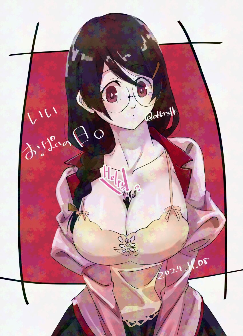 1boy 1girl absurdres araragi_koyomi black_hair braid breasts breasts_day camisole cleavage closed_mouth collarbone dated glasses good_breasts_day hair_over_shoulder hanekawa_tsubasa hatahata_(okkrslk) help hetero highres juliet_sleeves large_breasts long_hair long_sleeves mini_person miniboy monogatari_(series) naoetsu_high_school_uniform open_clothes open_shirt person_between_breasts pink_shirt puffy_sleeves red_eyes round_eyewear school_uniform shirt single_braid size_difference solo_focus spaghetti_strap upper_body yellow_camisole