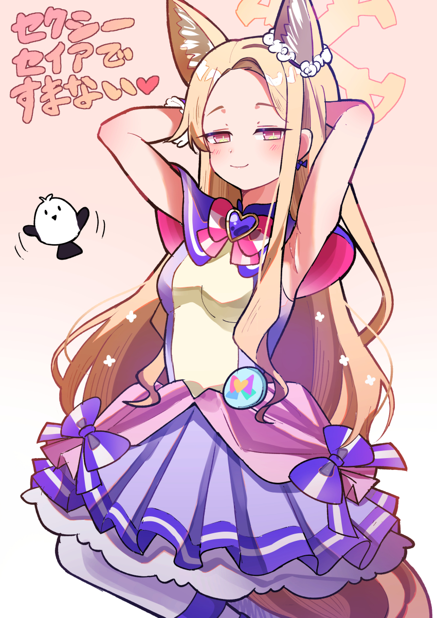 1girl absurdres animal_ears armpits arms_behind_head blonde_hair blue_archive blue_dress capelet cosplay cowboy_shot cure_friendy cure_friendy_(cosplay) dress forehead fox_ears fox_girl halo highres i-nn idol precure seia_(blue_archive) sleeveless sleeveless_dress smug solo tanezaki_atsumi voice_actor_connection wonderful_precure! yellow_eyes