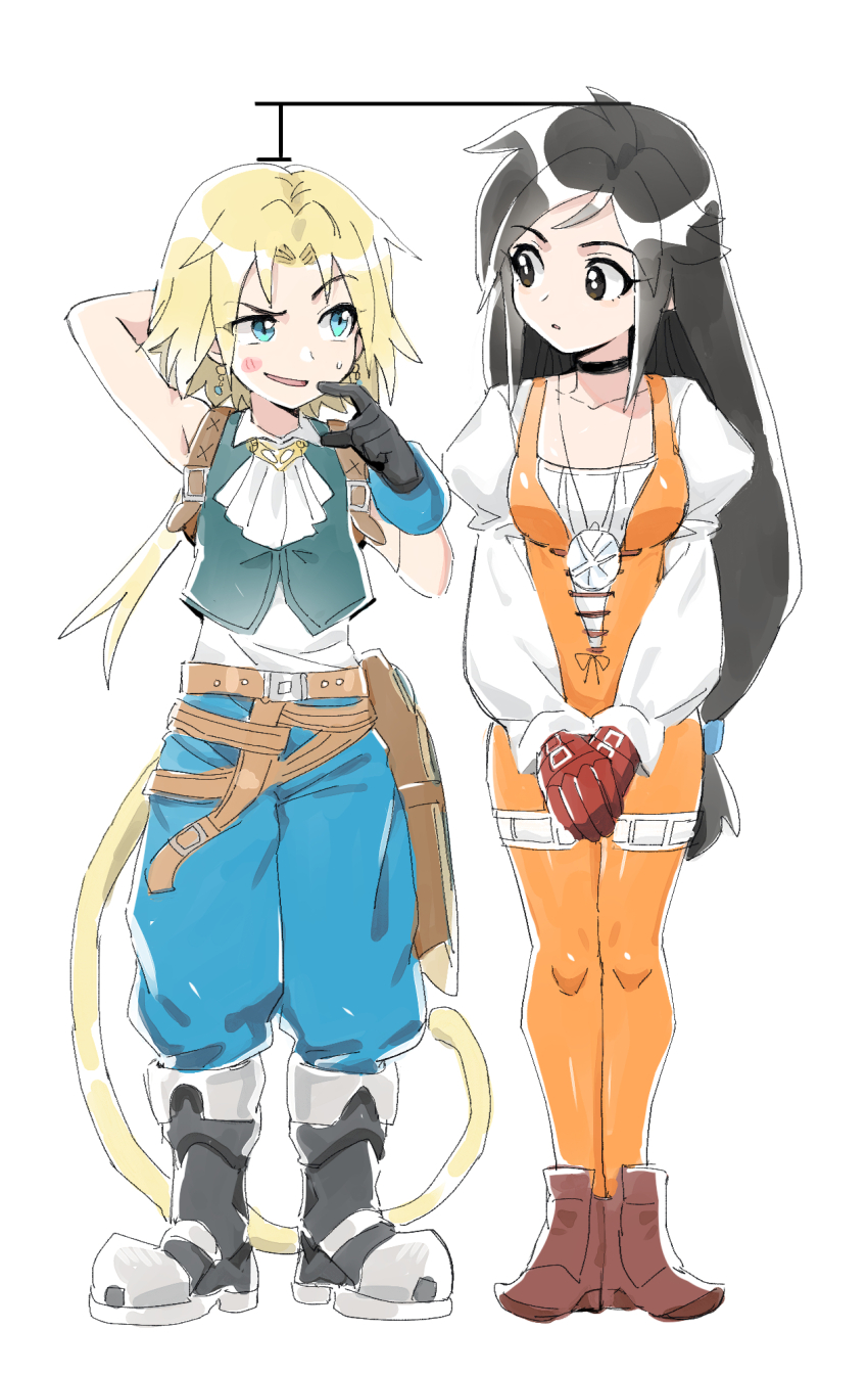 1boy 1girl ascot belt black_footwear black_hair blonde_hair blue_eyes bodysuit boots brown_footwear commentary_request dede_(qwea_00000) final_fantasy final_fantasy_ix garnet_til_alexandros_xvii height_conscious height_difference highres jewelry long_hair looking_at_another low-tied_long_hair necklace open_mouth orange_bodysuit own_hands_together raised_eyebrow simple_background sweat white_ascot white_background zidane_tribal