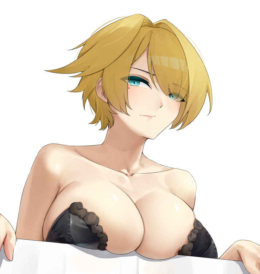 1girl absurdres bare_shoulders black_bra blonde_hair blue_eyes bra breasts casperrin cleavage closed_mouth collarbone commentary girls&#039;_frontline girls&#039;_frontline_2:_exilium hair_between_eyes hair_intakes highres large_breasts looking_at_viewer mole mole_on_breast mole_under_eye nikketa_(girls&#039;_frontline_2) short_hair sidelocks simple_background solo strapless strapless_bra underwear upper_body vsk-94_(girls&#039;_frontline) white_background