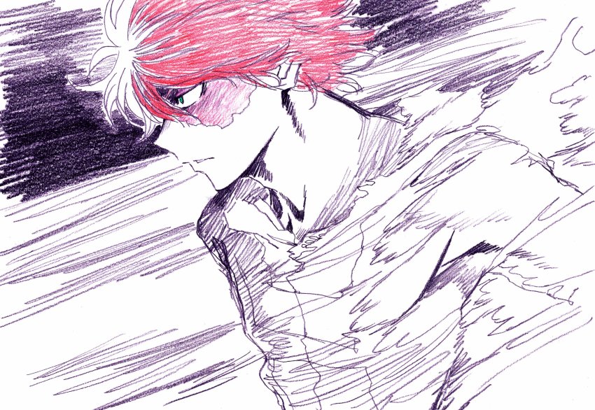 10s 1boy absurdres bare_shoulders boku_no_hero_academia green_eyes highres jacket male_focus multicolored_hair muscular nakamura_yutaka pectorals red_hair sideburns solo todoroki_shouto torn_clothes track_jacket two-tone_hair white_hair