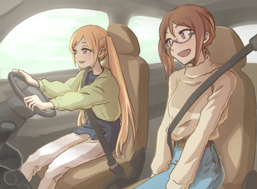 belt blonde_hair blue_pants blue_shirt brown_belt brown_eyes brown_hair brown_pants brown_sweater car_interior commentary_request denim driving gari glasses jacket jeans long_hair okujou_no_yurirei-san pants seatbelt shirt short_hair side_ponytail sonou_tsukuyo sweater tsurugimine_kiri twintails very_long_hair yellow_jacket yuri