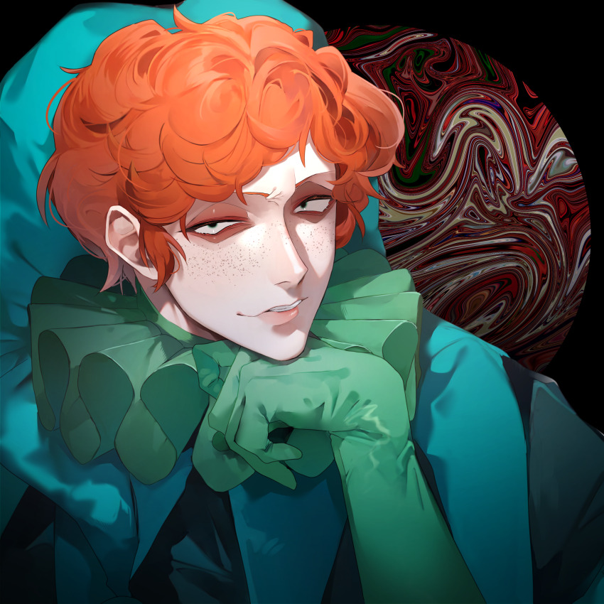 1boy absurdres alltime_natsu black_background black_eyes commentary_request freckles gloves green_gloves grin highres jester looking_at_viewer male_focus orange_hair randal&#039;s_friends sebastian_de_tomato_smith_chicken_legs short_hair smile solo upper_body