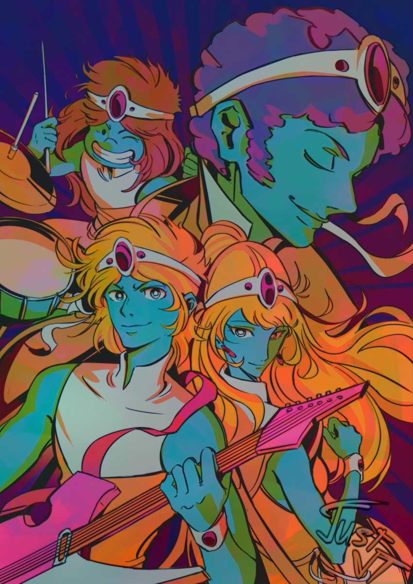 1girl 3boys ;) absurdres afro alien arpegius_(interstella_5555) artist_name back-to-back band_(music) baryl_(interstella_5555) black_hair blonde_hair blue_eyes blue_skin brown_hair closed_eyes closed_mouth colored_skin commentary daft_punk dress drum drum_set drumming drumsticks english_commentary gem grin guitar hairband headband highres holding holding_drumsticks holding_guitar holding_instrument instrument interstella_5555 just_vt long_hair looking_at_viewer multiple_boys music octave_(interstella_5555) one_eye_closed orange_dress orange_shirt playing_instrument purple_gemstone shirt short_hair sleeveless sleeveless_shirt smile stella_(interstella_5555) two-tone_shirt very_long_hair white_hairband white_headband white_shirt wristband