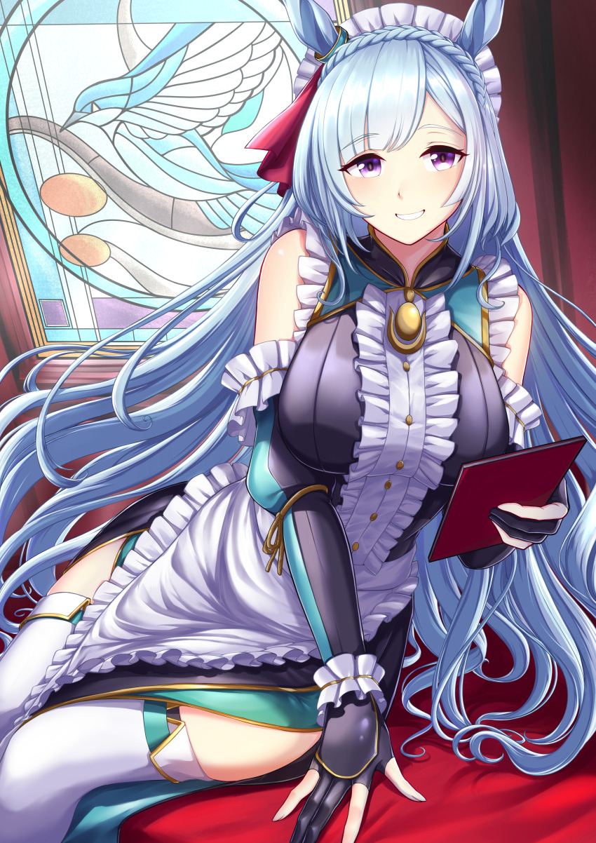 1girl absurdres alternate_costume animal_ears apron bare_shoulders black_gloves blue_hair blush braid breasts center_frills commentary_request crown_braid dress ear_ornament elbow_gloves enmaided frilled_dress frills garter_straps gloves grin highres holding holding_menu horse_ears horse_girl large_breasts long_hair looking_at_viewer maid maid_apron maid_headdress mejiro_ardan_(umamusume) menu partially_fingerless_gloves purple_eyes same_kujira_(challenger_310) scrunchie sleeveless sleeveless_dress smile solo stained_glass teeth thighhighs umamusume very_long_hair white_thighhighs window windowsill wrist_scrunchie