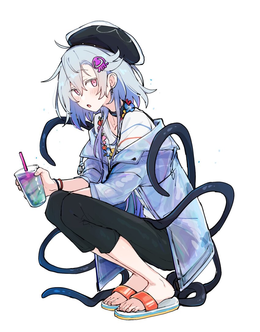 1boy arknights azuma_shino beret black_hat blue_flower flower flower_necklace flower_wreath hat highres jellyfish_hair_ornament jewelry looking_at_viewer mizuki_(arknights) mizuki_(summer_feast)_(arknights) necklace official_alternate_costume pink_eyes pink_flower short_hair_with_long_locks sitting tentacles trap white_flower