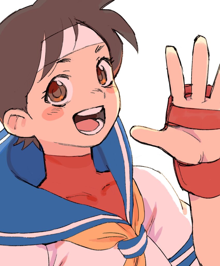 1girl :d black_hair blue_sailor_collar brown_eyes covered_collarbone gan2 hand_up headband highres kasugano_sakura neckerchief open_mouth sailor_collar school_uniform serafuku short_hair simple_background smile solo street_fighter street_fighter_zero_(series) upper_body white_background white_headband yellow_neckerchief