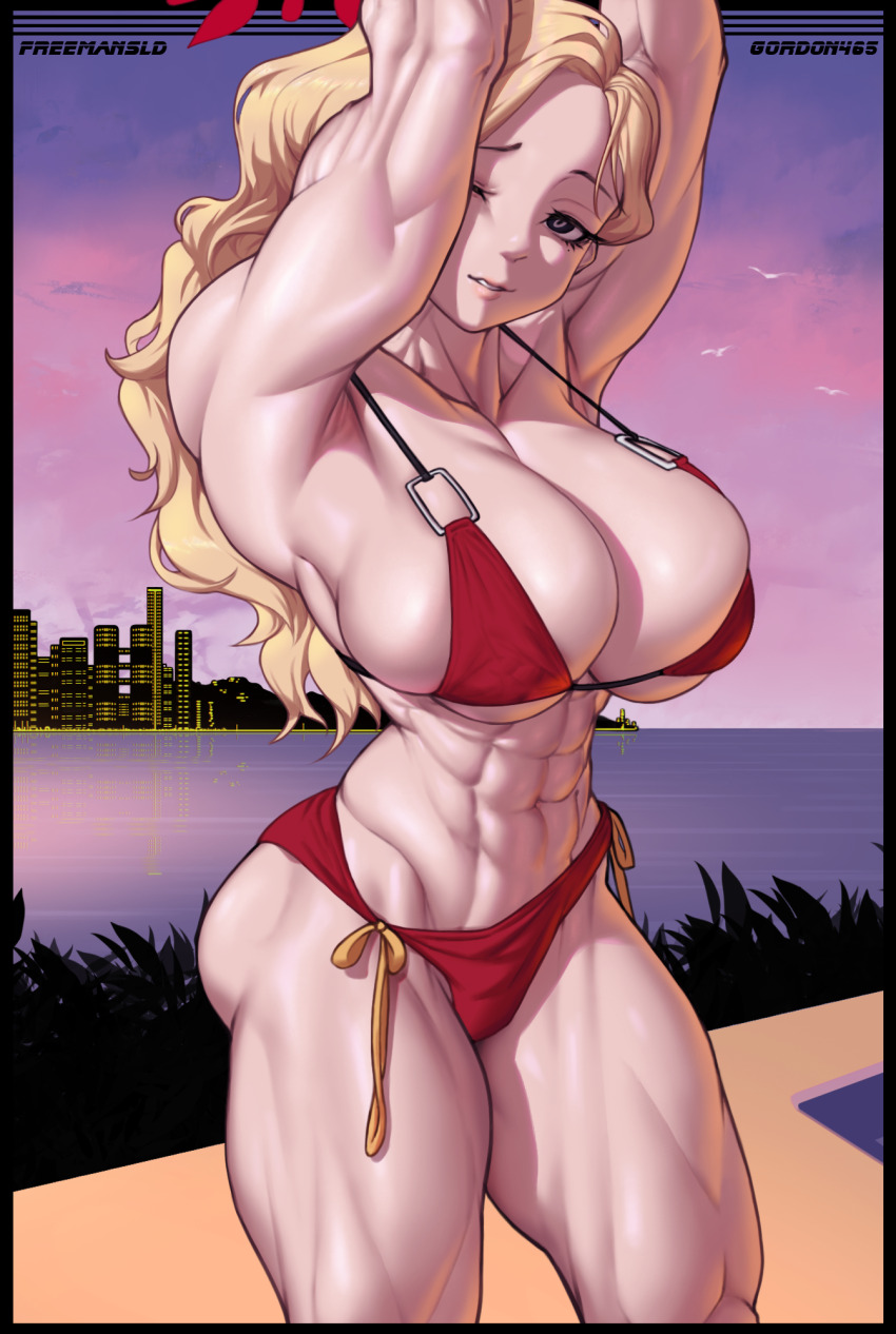 1girl abs akemi_(blue_archive) arms_up bikini blonde_hair blue_archive breasts cityscape highres long_hair muscular muscular_female outdoors red_bikini smile solo swimsuit the_freeman thick_thighs thighs