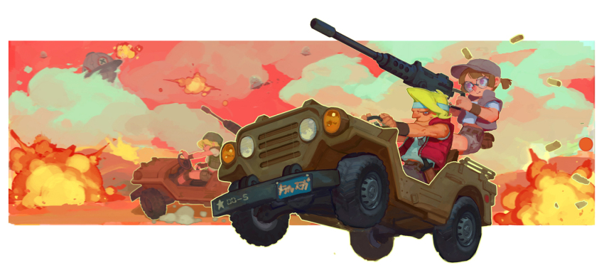 1boy 2girls blonde_hair blue_eyes brown_hair commentary english_commentary explosion explosion_background fio_germi fl_(l-fl) glasses hat kasamoto_eri marco_rossi metal_slug mixed-language_commentary multiple_girls ponytail round_eyewear short_hair short_ponytail shorts