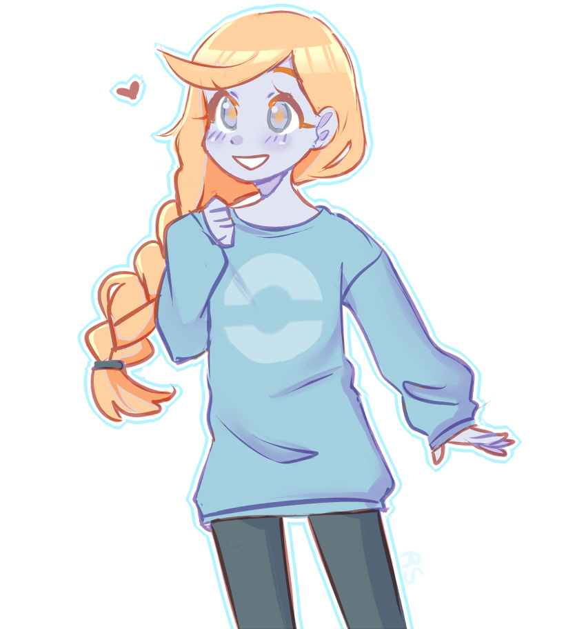 1girl alternate_costume blue_eyes blue_outline blue_skin blue_sweater braid braided_ponytail bright_pupils casual colored_skin cowboy_shot grin hand_up heart highres long_hair long_sleeves looking_at_viewer nintendo no_headwear orange_hair orange_pupils outline poke_ball_print pokemon pokemon_usum ryyy_(ryartchus) single_braid smile solo sweater zossie_(pokemon)