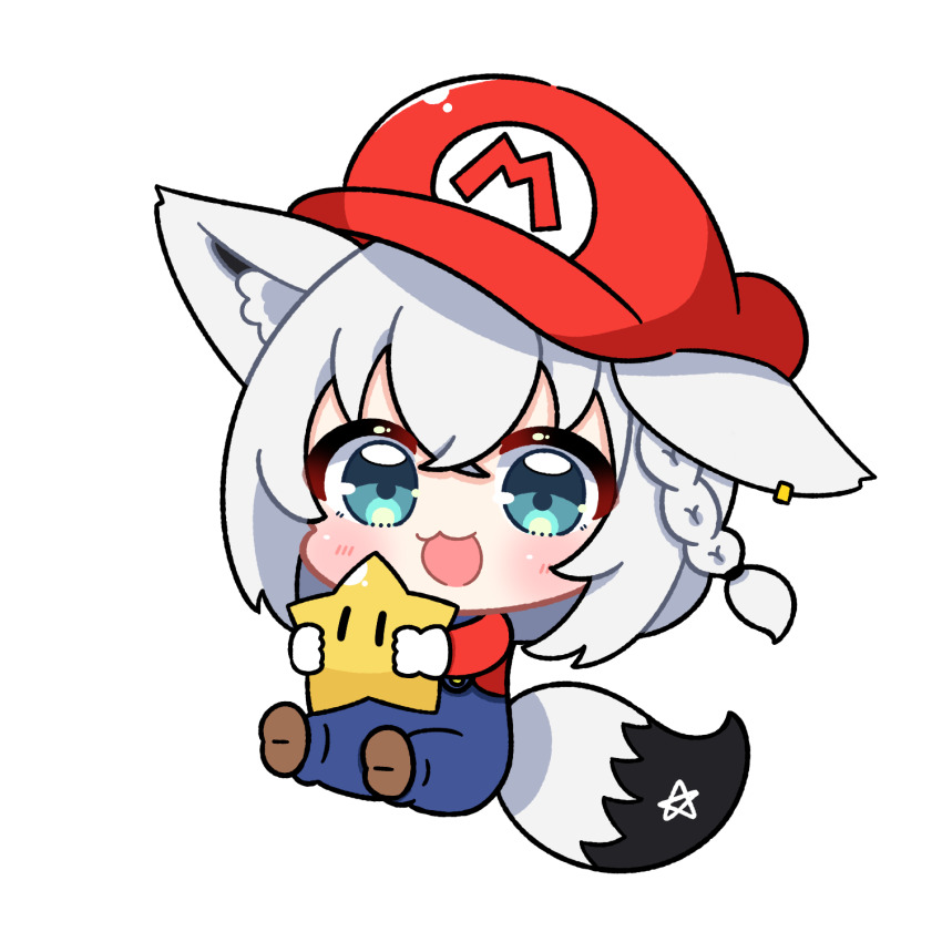 :3 blue_overalls chibi chibi_only cosplay dohoon folded_ear hat highres holding holding_star hololive jumping mario mario_(cosplay) overalls red_hat shirakami_fubuki star_(symbol) virtual_youtuber