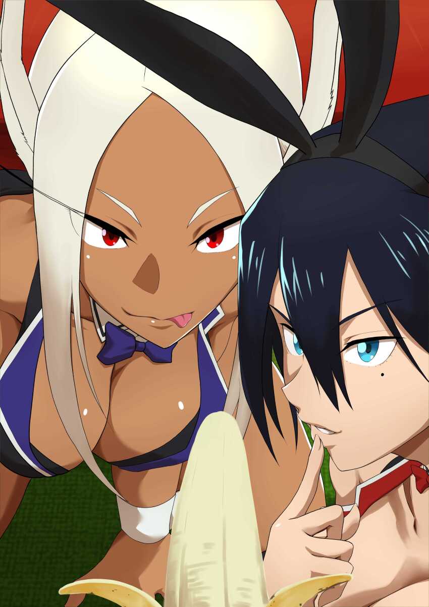 2girls :p absurdres animal_ear_hairband animal_ears banana bare_shoulders black_hair blue_bow blue_bowtie blue_eyes blue_vest boku_no_hero_academia bow bowtie breasts cleavage collarbone damos_(child_flame) dark-skinned_female dark_skin fake_animal_ears finger_to_mouth food fruit hair_between_eyes hairband highres large_breasts long_eyelashes long_hair looking_at_viewer midnight_(boku_no_hero_academia) mirko mole mole_under_eye multiple_girls parted_bangs parted_lips pov rabbit_ear_hairband rabbit_ears rabbit_girl red_bow red_bowtie red_eyes red_vest sexually_suggestive smile tongue tongue_out vest white_hair white_wrist_cuffs wrist_cuffs
