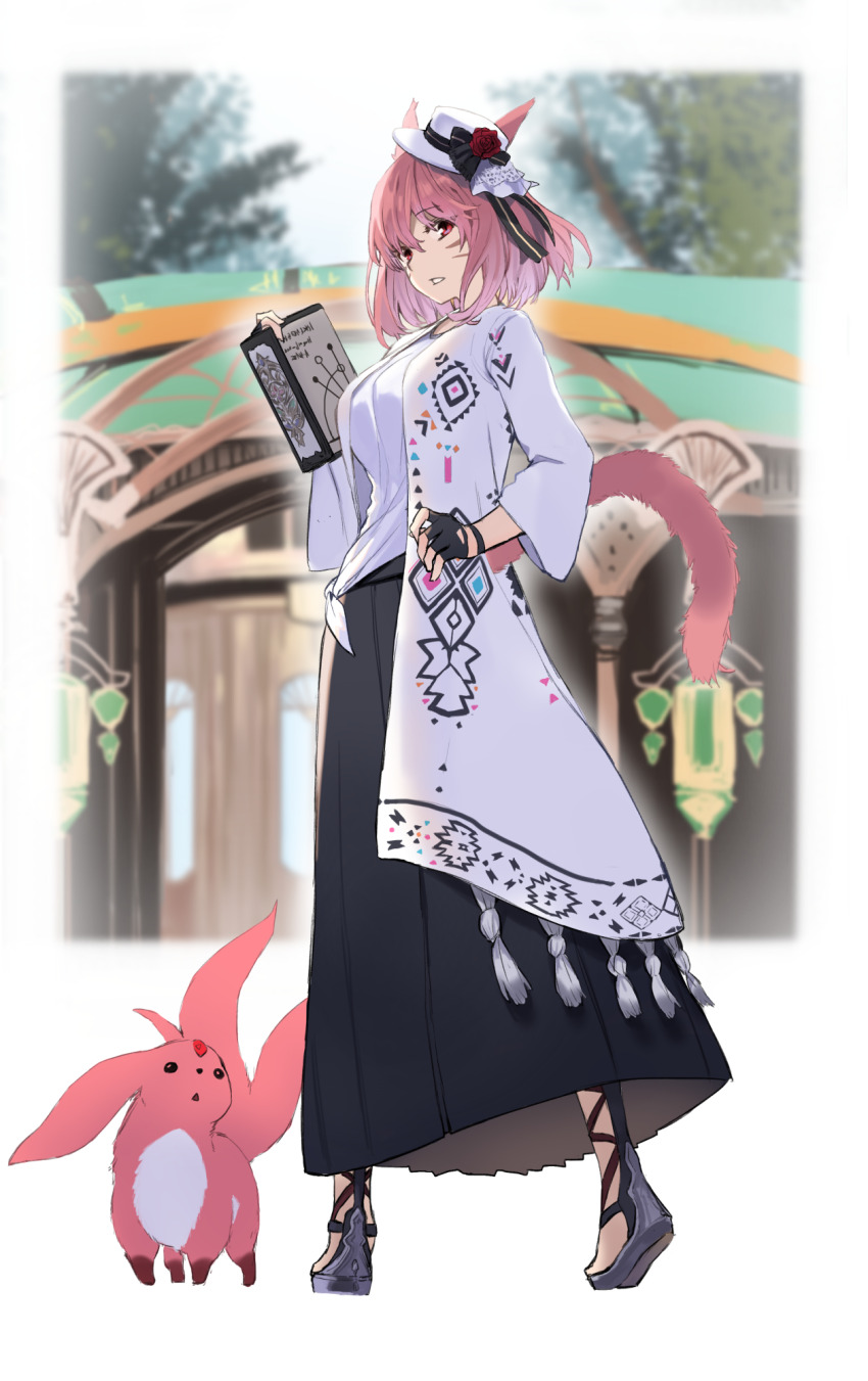 1girl animal_ears black_gloves black_skirt book breasts carbuncle_(final_fantasy) cat_ears cat_tail facial_mark final_fantasy final_fantasy_xiv fingerless_gloves full_body ganesagi gloves highres holding holding_book jacket long_skirt looking_at_viewer miqo&#039;te open_mouth original pink_hair red_eyes shirt short_hair skirt solo tail tied_shirt war warrior_of_light_(ff14) white_jacket white_shirt