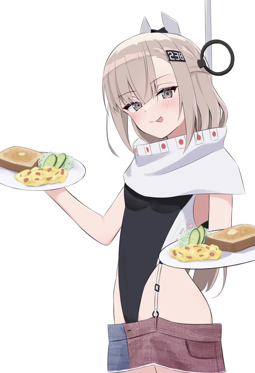 1girl american_flag american_flag_print american_flag_skirt black_one-piece_swimsuit bread bread_slice commentary cowboy_shot denim denim_skirt egg_(food) english_commentary flag_print food grey_eyes grey_hair hair_ornament headgear highleg highleg_one-piece_swimsuit highres holding holding_plate japanese_flag kantai_collection kill_markings l_meet long_hair looking_at_viewer one-piece_swimsuit plate print_skirt scarf simple_background skirt solo super_highleg swimsuit toast tongue tongue_out two-tone_one-piece_swimsuit wahoo_(kancolle) wahoo_kai_(kancolle) white_background white_scarf zucchini_(vegetable)