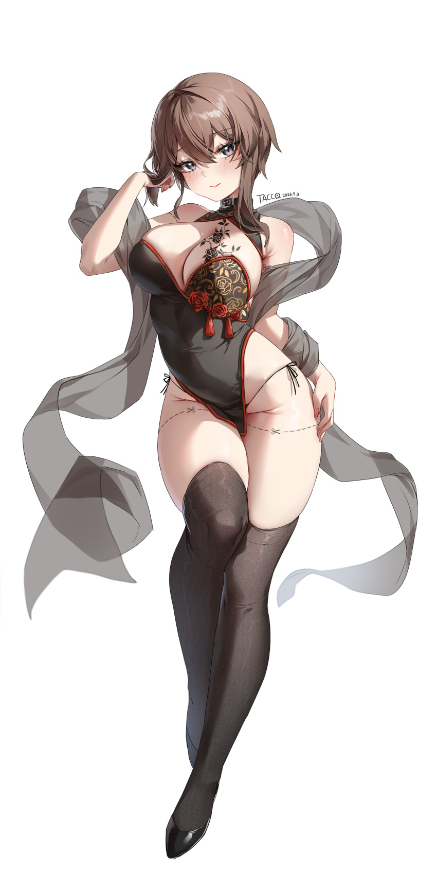 1girl 3: absurdres bare_arms bare_shoulders black_choker black_dress black_eyes black_shoes black_thighhighs breast_tattoo breasts brown_hair china_dress chinese_clothes choker cleavage cleavage_cutout closed_mouth clothing_cutout commission covered_navel cut-here_line dress floral_print full_body hand_up highres karinn_(ka941) large_breasts long_hair looking_at_viewer original panties pelvic_curtain shawl shoes short_dress short_hair_with_long_locks side-tie_panties side-tie_peek skindentation sleeveless sleeveless_dress solo standing string_panties tacco_(tikeworld) tattoo thighhighs thighs underwear